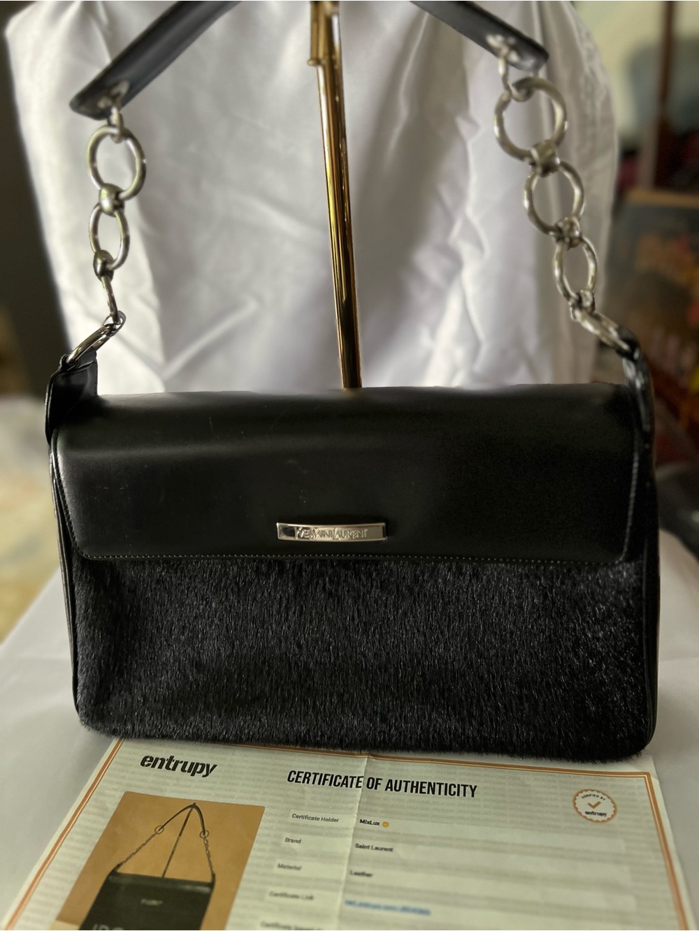 Saint Laurent Black Leather & Haircalf Shoulder Bag with Silver Chain and COA